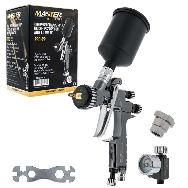 Master Airbrush Master Elite PRO-22 HVLP Air Spray Paint Gun with 1.0mm Tip, 150ml Cup, Air Pressure Regulator Gauge - Air Paint Sprayer Gun for Cars, Painting Base & Clearcoats - Image 1